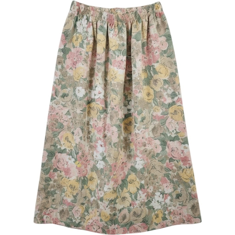 Cristin Stevens Vintage Floral Linen Blend Midi Skirt Elastic Waist Pink Green